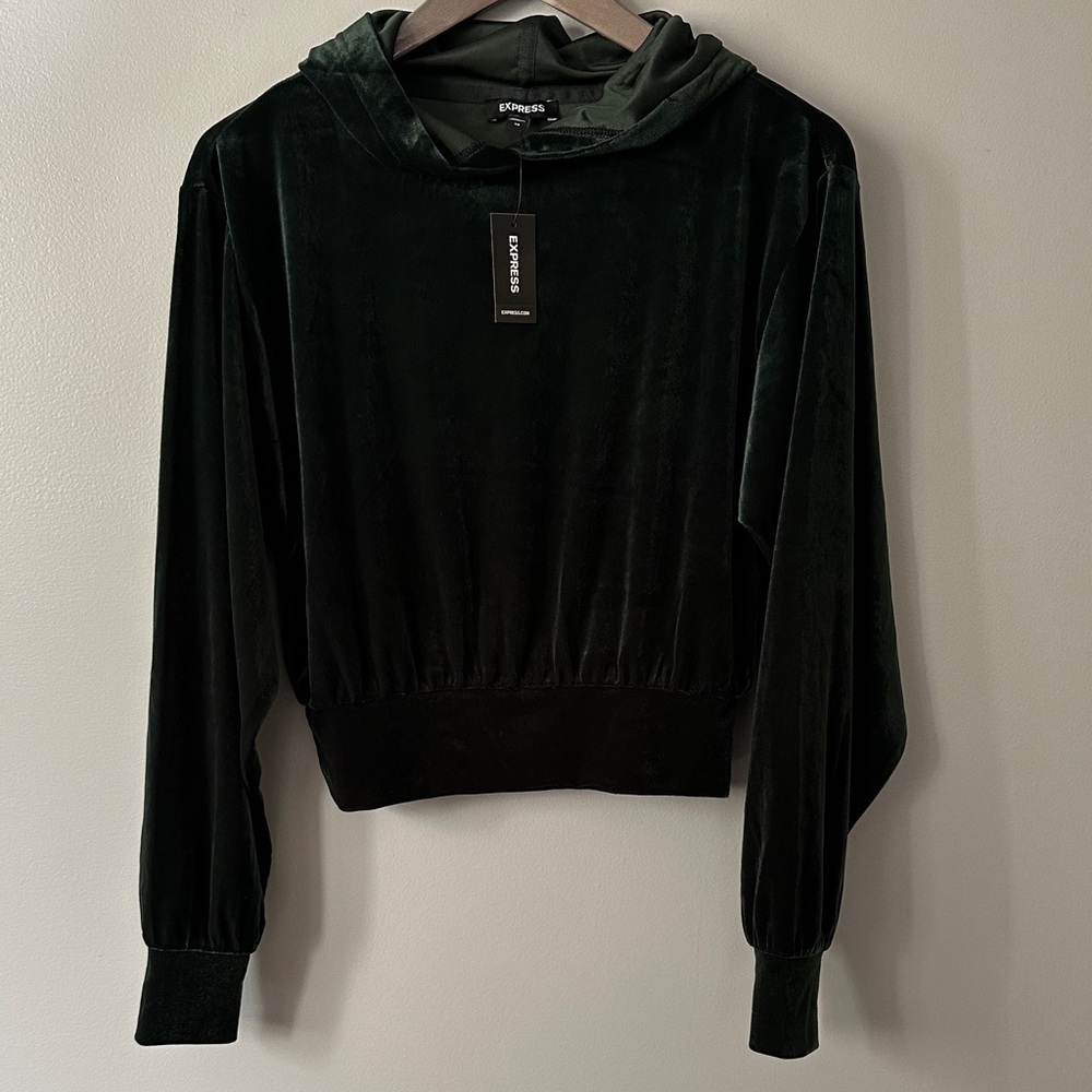 Express XS Dark Green Velvet Crop Hoodie Y2K Inspired NWT